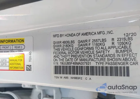 2021 Acura Tlx Technology Package из США, поврежденный, VIN 19UUB5F48MA007931